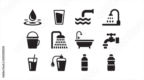 Modern sanitation symbol pack with taps, buckets, showers and household water service icons isolated on white background