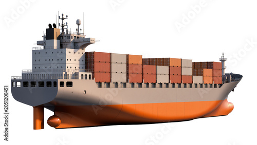 Fotografi Large cargo ship carrying stacked containers, orange hull