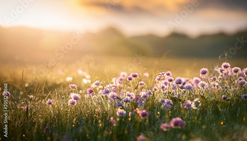 Ethereal Spring Meadow At Golden Hour Wildflowers Swaying In Gentle Breeze Soft Sunbeams Filtering Through Clouds Creating Dreamy Atmosphere With Bokeh Effect
