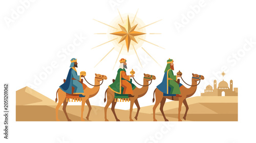 Foto Three Wise Men Riding Camels Under Star of Bethlehem - Christmas Nativity Scene