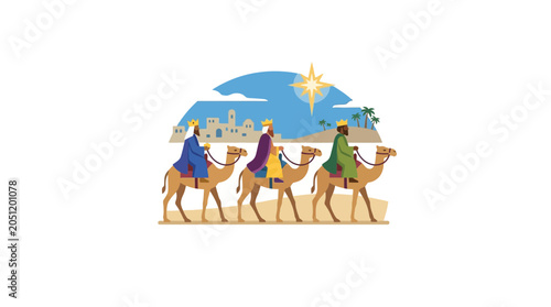 Bild auf Leinwand Three Wise Men riding camels under star, biblical scene, Christmas Nativity illu