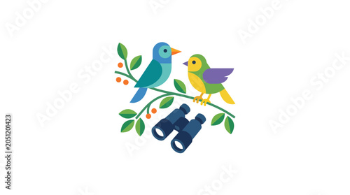 Photography Two Cute Birds on Branch with Binoculars, Nature Observation Concept