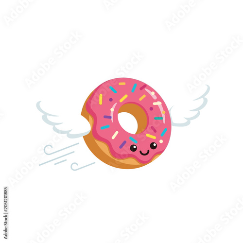 Flying cartoon donut with wings and pink frosting