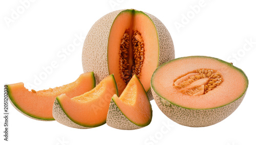 Bild auf Leinwand Cantaloupe melon halves and slices with seeds