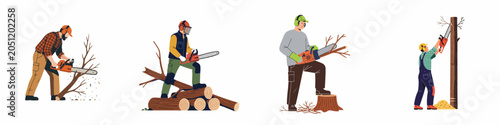 Set of professional lumberjacks and arborists using chainsaws to cut trees, logs, and branches, wearing protective safety gear in flat vector style.
