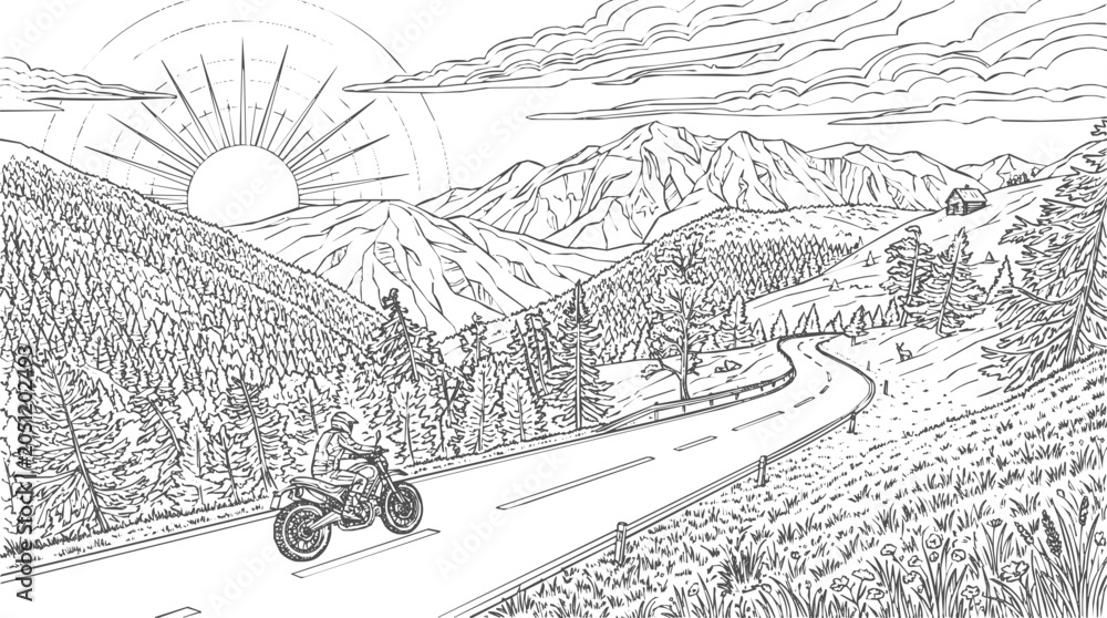Fototapeta premium Motorcycle - A lone motorcyclist riding through a scenic mountain landscape on a winding road during a peaceful sunrise adventure