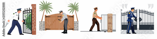 Vector illustrations of security guards in different uniforms opening and locking various types of property gates like metal, wood, and sliding gates.