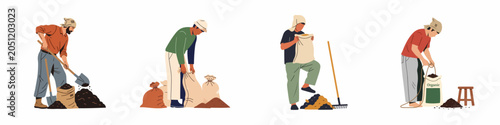 Photos Set of farmers or gardeners working with organic compost, soil, and sacks for agricultural or gardening purposes