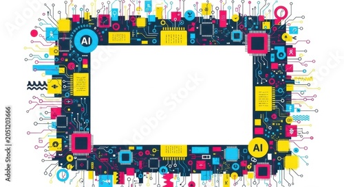 Digital technology frame with AI chips circuits and colorful geometric elements.