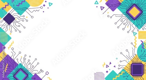 Modern electronic circuit board border frame with square chips and colorful geometry art.