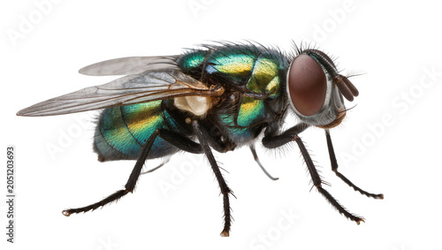 Foto Metallic green bottle fly with large compound eyes and wings