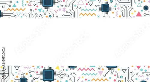Abstract technology border frame design with digital microchips and geometric pattern shapes.