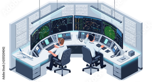 Foto Control room with two operators, industrial monitoring station, command center