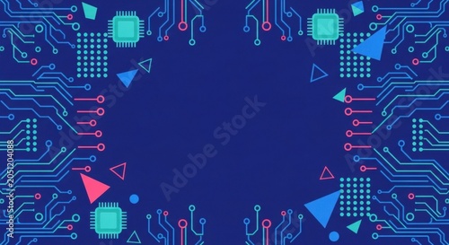 Dark blue technology background frame with electronic circuit board lines and microchips.