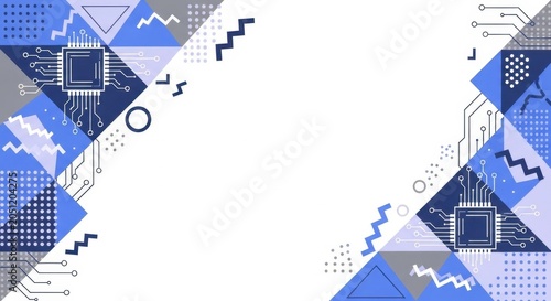 Abstract technology background with blue geometric triangles and circuit board chips.