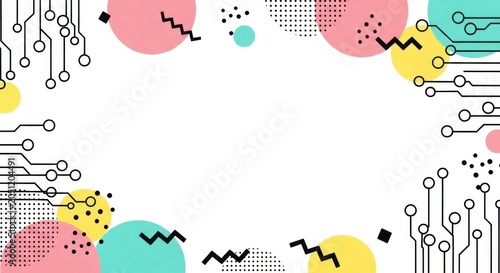 Modern abstract background with circuit patterns and colorful geometric circle shapes.