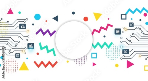 Creative technology collage with central white circle and colorful math shape elements.