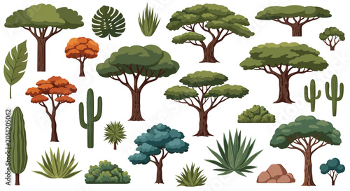 Large set of various nature elements including different types of trees, cacti, bushes, and plants for landscape design and illustrations.