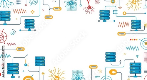 Professional network infrastructure background featuring server icons and neural network art.