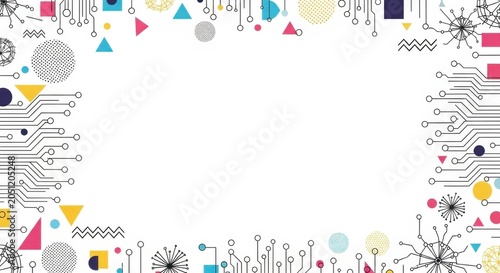 Abstract technology border with circuit board elements and colorful geometric shapes.