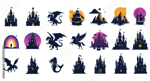 Obraz na plátně Fantasy castle and dragon icons, fairy tale symbols, magic kingdom concept, whit
