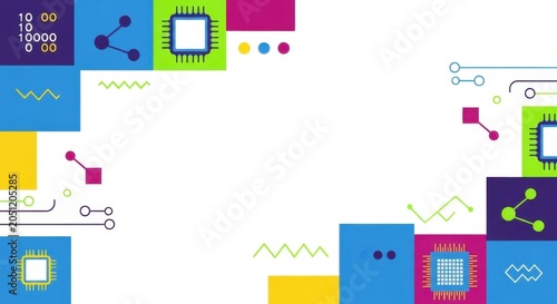 Digital technology border frame with cpu processor chips network icons and data elements.