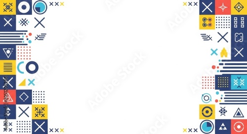 Abstract geometric pattern border with various shapes, lines, and colors.