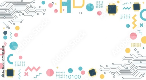 Technology background border with circuit boards binary code and colorful graphic shapes.