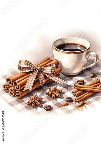 Coffee cup with cinnamon sticks and spices on checkered tablecloth illustration