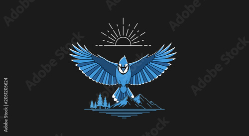 Blue jay bird flying over mountains illustration on dark background