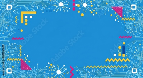 Abstract technology background with circuit board elements, geometric shapes, and a blue base.