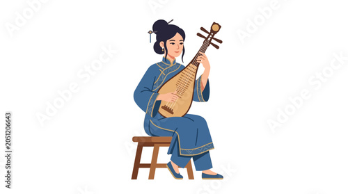 Tableau sur toile Young Chinese Woman in Traditional Blue Cheongsam Playing the Pipa Lute Instrume