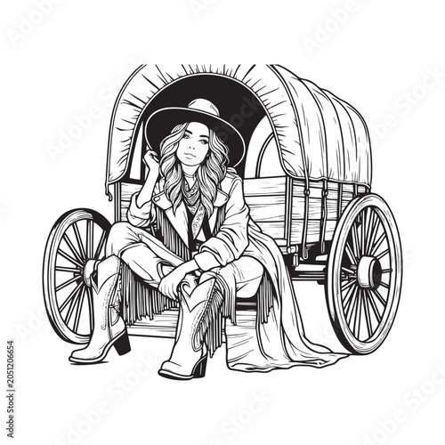 Woman sitting on a covered wagon isolated on white background