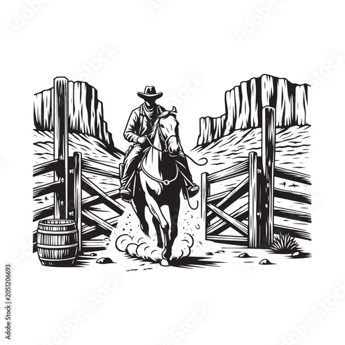 Cowboy riding horse through open gate in desert landscape isolated on white background