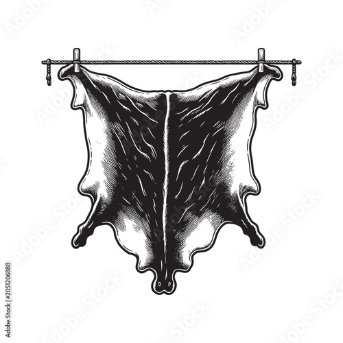 Black animal hide hanging on a rope isolated on white background