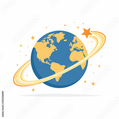 Stylized Earth with Orbiting Ring and Star