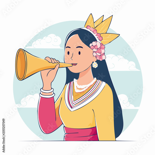 Woman in Traditional Attire Playing a Horn