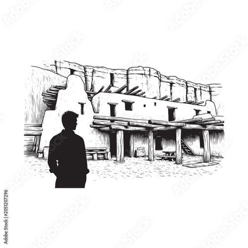 A man standing in front of an ancient adobe building isolated on white background