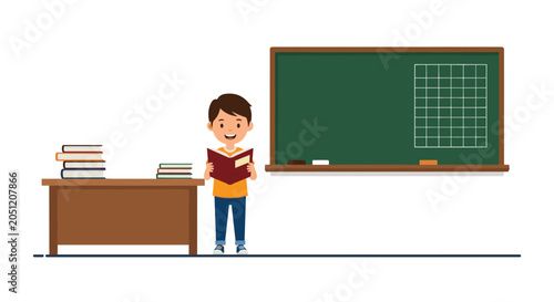 Diligent young student reading an open book in front of a green chalkboard and teacher's desk in a classroom.