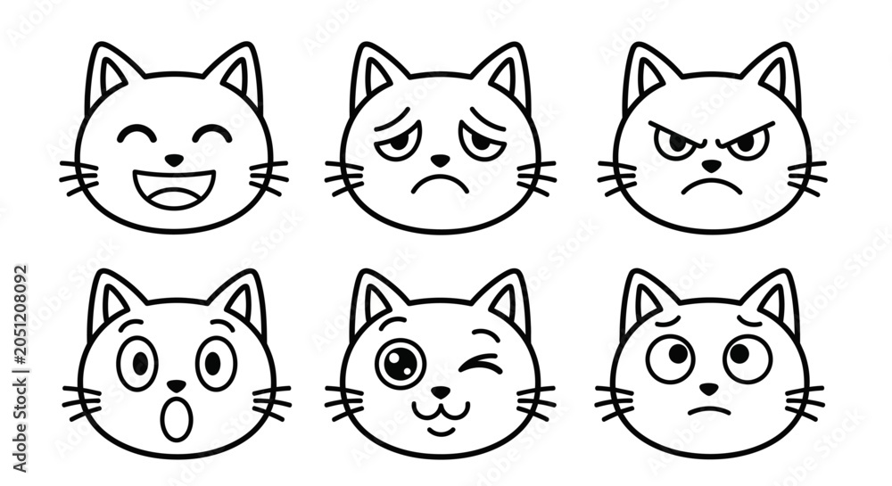 Fototapeta premium Cat faces with different emotions, black and white line art, emoticon set