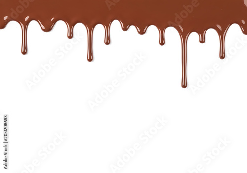 Brown chocolate dripping down on white background for design
