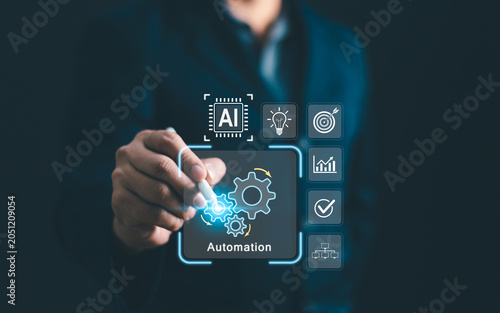 Businessman using AI automation system to control business process workflow, strategy, growth graph and productivity. Concept of artificial intelligence technology in modern corporate industry