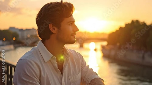 A handsome man enjoys a peaceful sunset view by a river