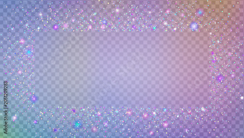 Glitter Sequins Background. Holographic Shiny Sparkles For Carnaval And Party. Falling Tinsel With Bokeh And Glint On Transparent Paper. Neon Brilliant Light.  Hologram Glitter Sequins