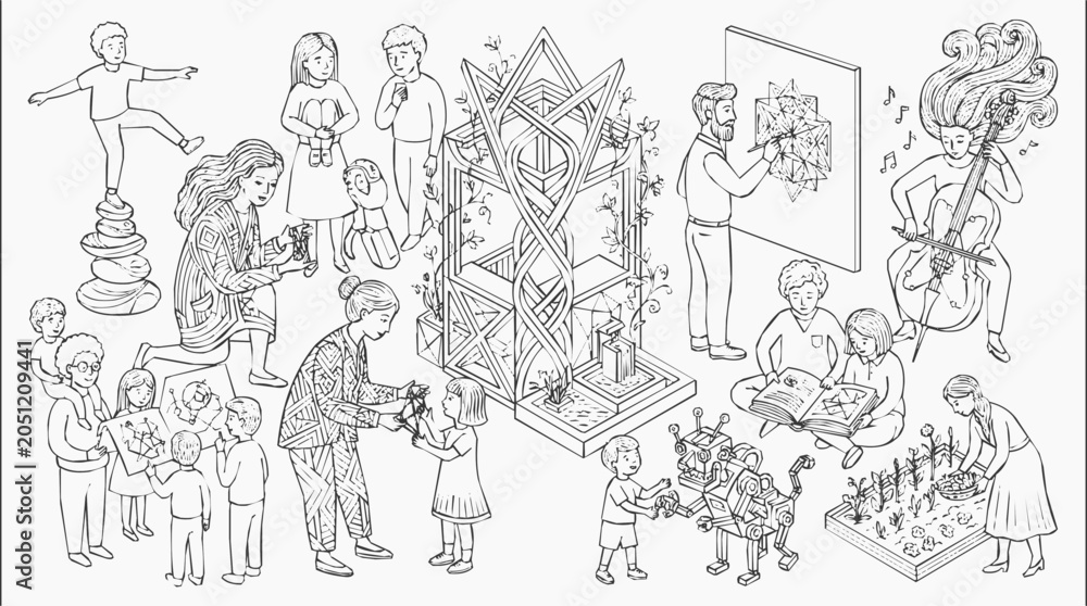 Obraz premium Vibrant community scene showcasing creativity and lifelong learning through diversity in educational activities like music, robotics, and gardening.