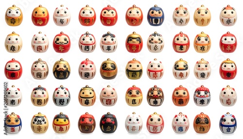 Colorful daruma dolls arranged in rows. Each has unique design and distinct expression, on a white background