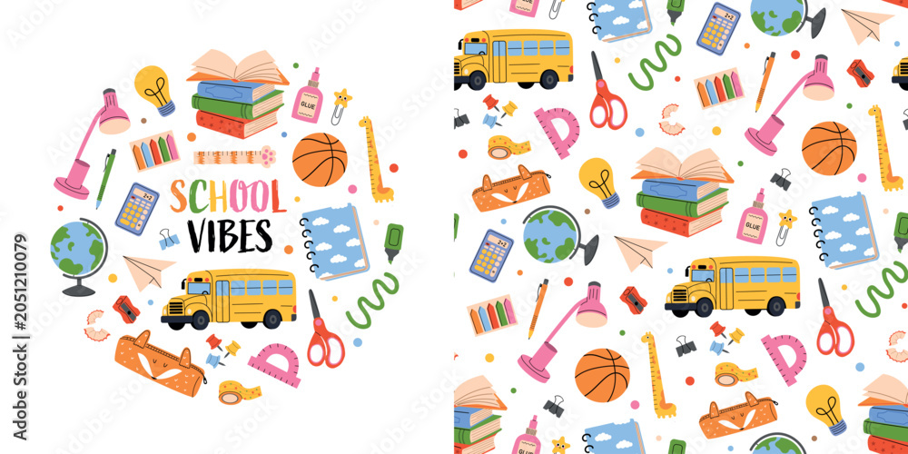 Fototapeta Back to school design with educational supplies and seamless pattern. Colorful school illustration with books, bus, globe and stationery. Flat vector illustration isolated.