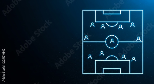 Illustrated soccer tactics board showing a 4-4-2 formation with goalkeepers and players positioned on a digital screen.