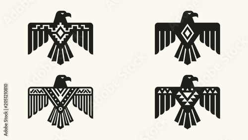 Schilderij op canvas Native American style thunderbird eagle icons with geometric tribal patterns set