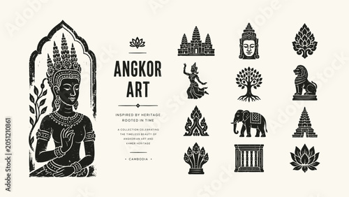 Khmer Culture Illustration Set with Apsara Dancer Buddha Head and Angkor Wat Architecture